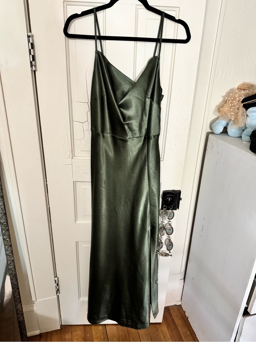 Olive Green Satin Slip Prom Dress with Cowl Neck